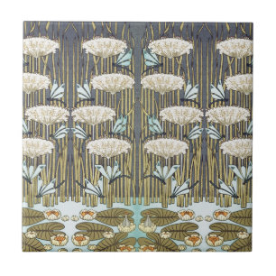 Water Lilies Dragonflies Marsh Art Nouveau Ceramic Tile