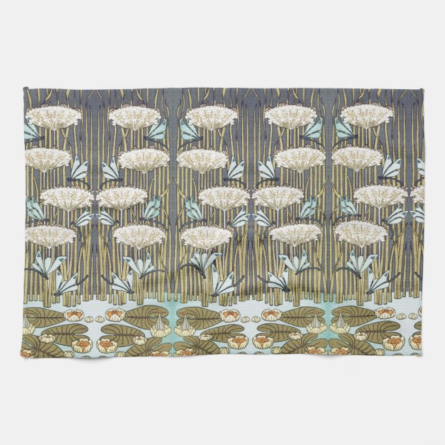 Water Lilies Dragonflies Marsh Art Nouveau Kitchen Towel (Horizontal)