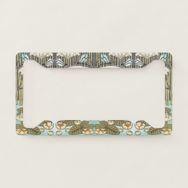Water Lilies Dragonflies Marsh Art Nouveau License Plate Frame (Front)