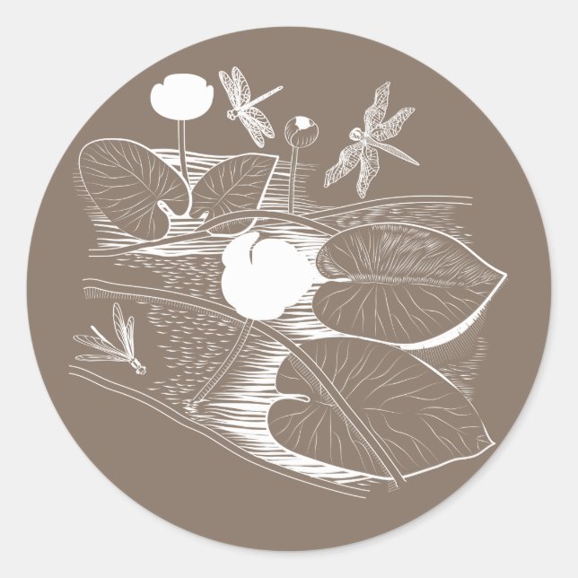 Water-lilies engraving classic round sticker (Front)