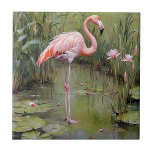 Water Lilies Flamingo And Reeds Oil Painting, Ceramic Tile