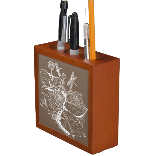 Water-lilies graphic brown desk organizer (In Situ)