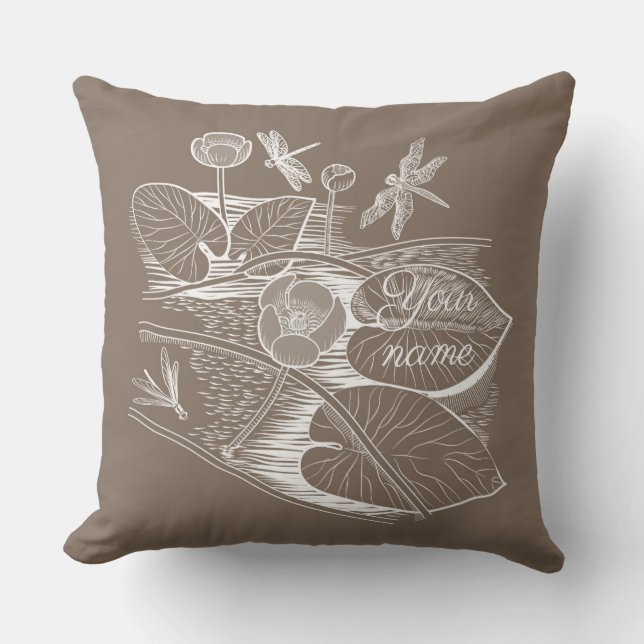 Water-lilies graphic brown outdoor pillow (Front)