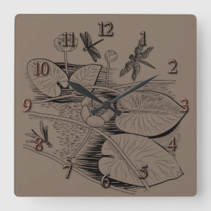 Water-lilies graphic brown square wall clock