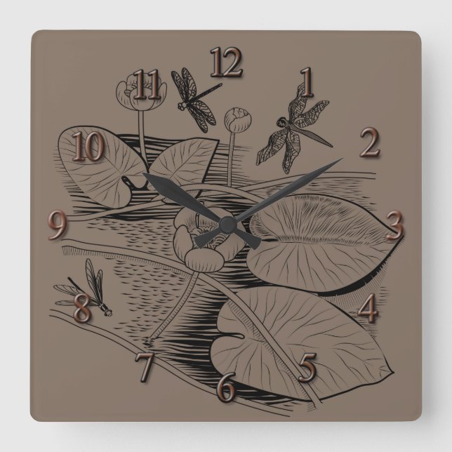 Water-lilies graphic brown square wall clock (Front)