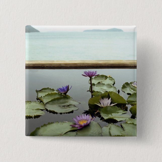 Water lilies in pond by ocean button (Front)