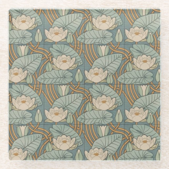 Water Lilies Lily Art Nouveau Nature Glass Coaster (Front)
