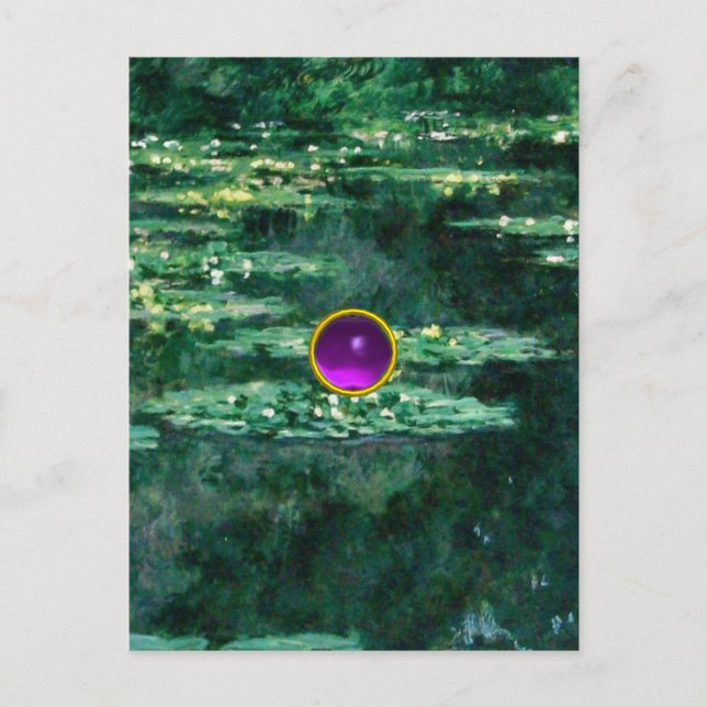 WATER LILIES  POND IN GREEN, Purple Gem Postcard (Front)