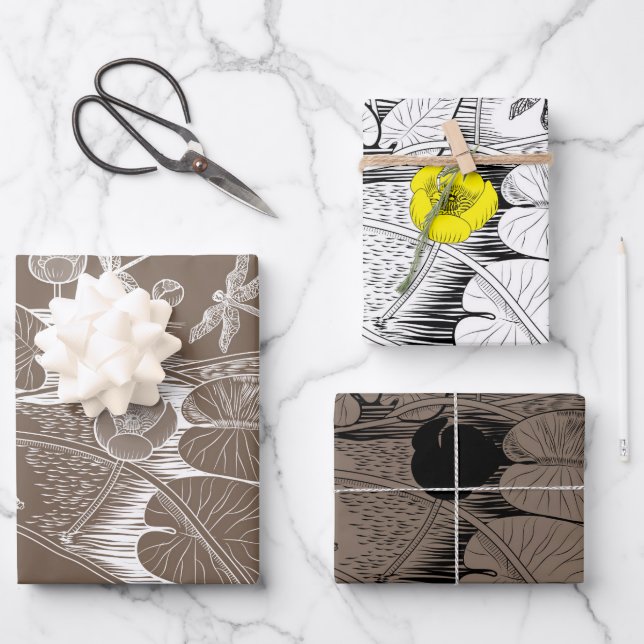  Water-lilies yellow brown engraving graphic Wrapping Paper Sheets (Front)