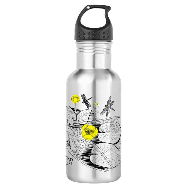 Water-lilies yellow engraving graphic black stainless steel water bottle (Front)