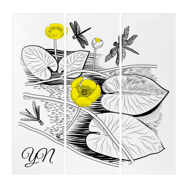 Water-lilies yellow engraving graphic black triptych (Front)