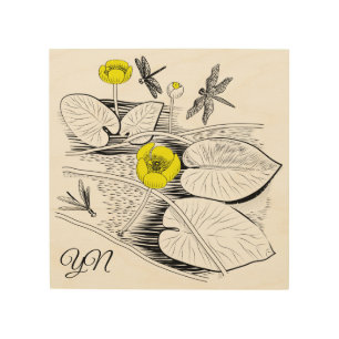 Water-lilies yellow engraving graphic black wood wall art