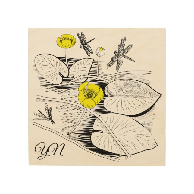 Water-lilies yellow engraving graphic black wood wall art (Front)