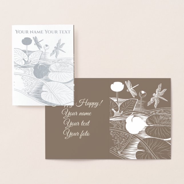 Water-lilies yellow engraving graphic brown foil card (Display)