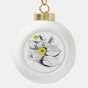 Water-lilies yellow engraving graphic ceramic ball christmas ornament