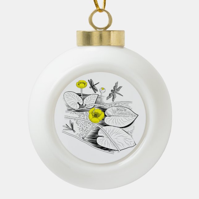 Water-lilies yellow engraving graphic ceramic ball christmas ornament (Front)