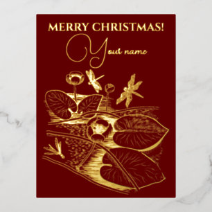 Water-lilies yellow engraving graphic Foil Holida Holiday Postcard