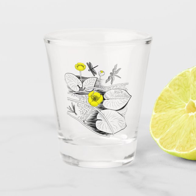 Water-lilies yellow engraving shot glass (Front)