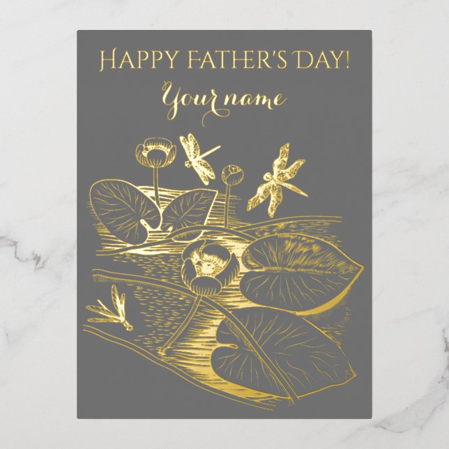 Water-lilies yellow graphic foil holiday postcard (Front)