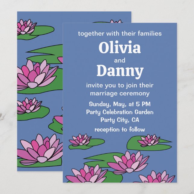 Water Lily Floral Flowers Nature Botanical Wedding Invitation (Front/Back)