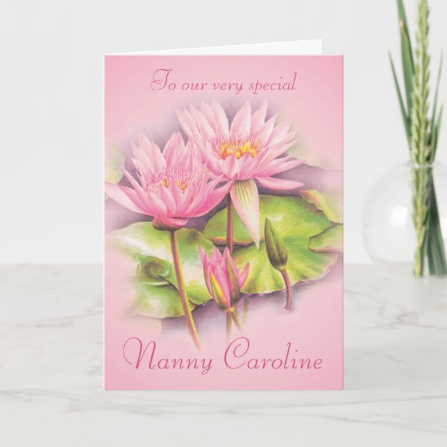Water lily floral pink nanny birthday card (Front)