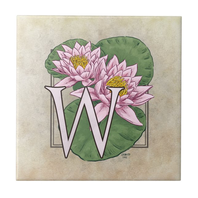 Water Lily Flower Floral Monogram Art Tile (Front)