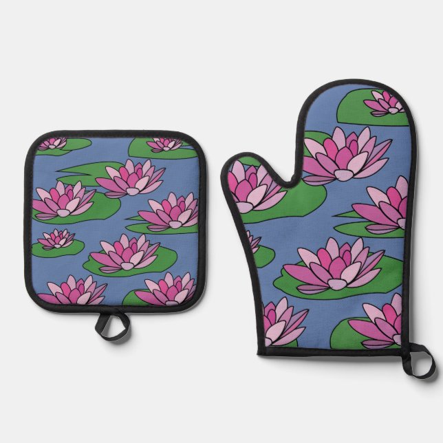 Water Lily Lotus Flower Oven Mitt & Pot Holder Set (Front)