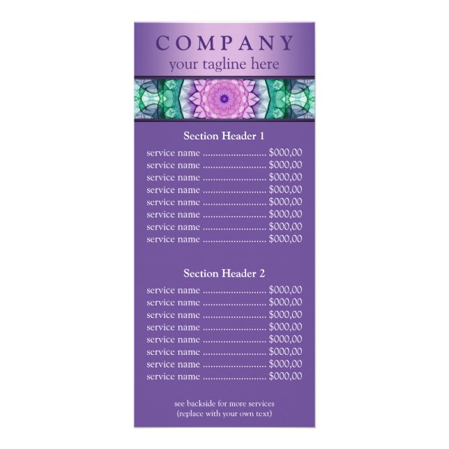 Water Lily mandala price list menu (Front)