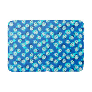 Water Lily Pattern, Turquoise, Blue and White Bath Mat