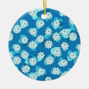 Water Lily pattern, turquoise, blue and white Ceramic Ornament