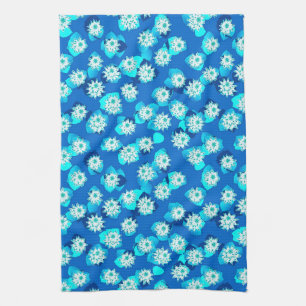 Water Lily Pattern, Turquoise, Blue and White Kitchen Towel