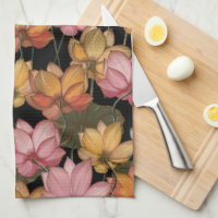 Water Lily Pink Yellow on Black Kitchen Towel