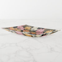 Water Lily Pink Yellow on Black Large Platter Trinket Tray