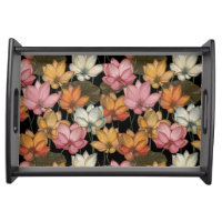 Water Lily Pink Yellow on Black Serving Tray