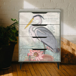 Water Lily Pond Grey Heron Vintage Decoupage Art Tissue Paper