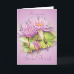 Water lily purple floral friend birthday card<br><div class="desc">Personalise this card for a extra special touch. Water lily purple flowers birthday card,  Special friend card. Or change text you suit your personal needs. Artwork is adapted from an original watercolour painting by Sarah Trett.



  


com.au
  



  


com.au</div>