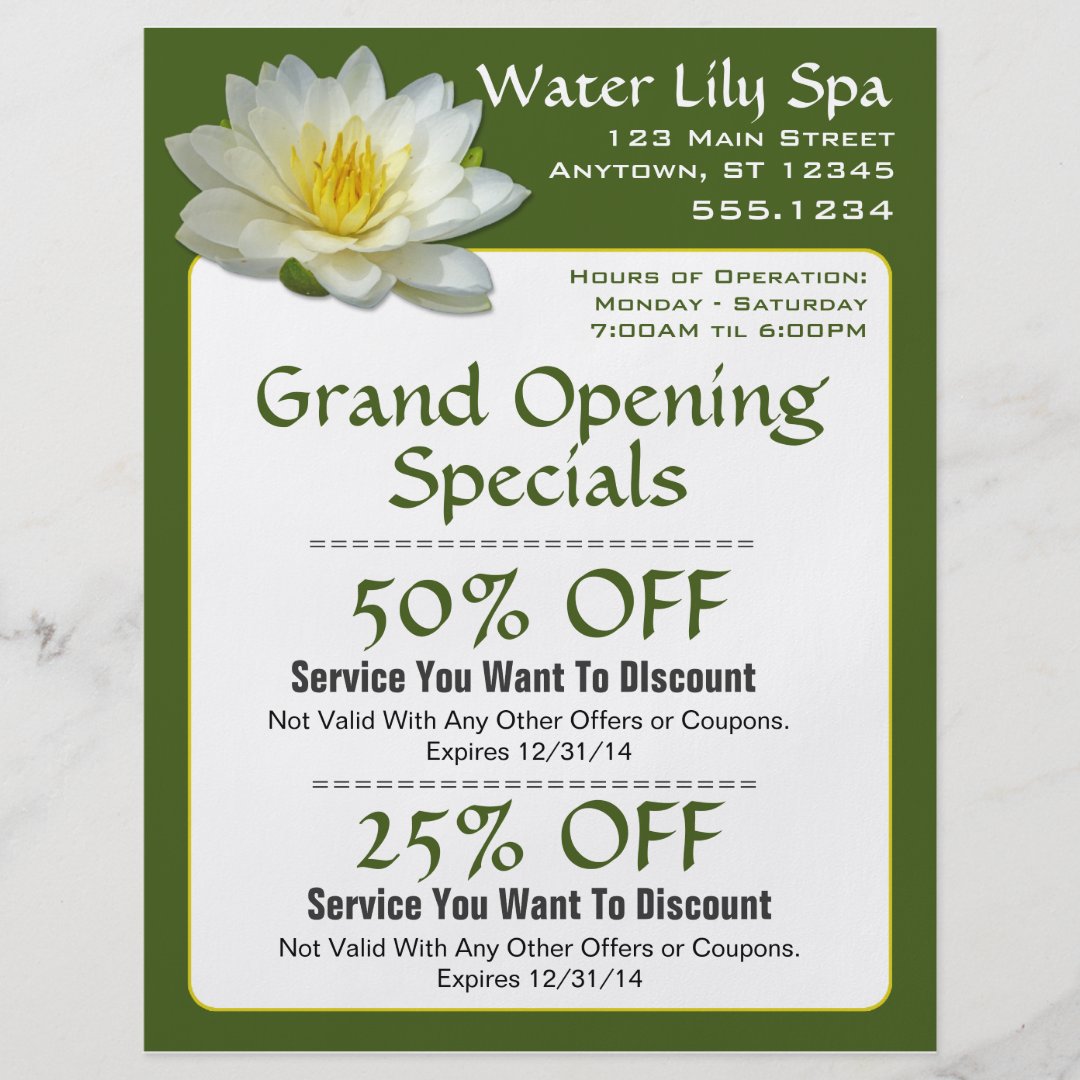 Water Lily Spa Coupon Flyer Zazzle