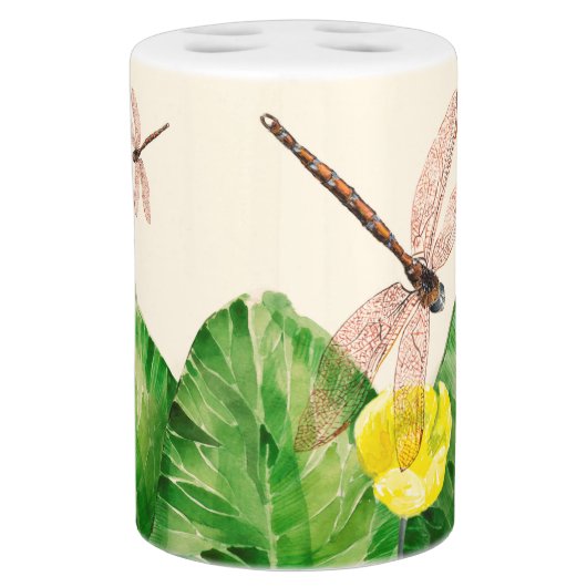 water-lily watercolor soap dispenser & toothbrush holder (Front)