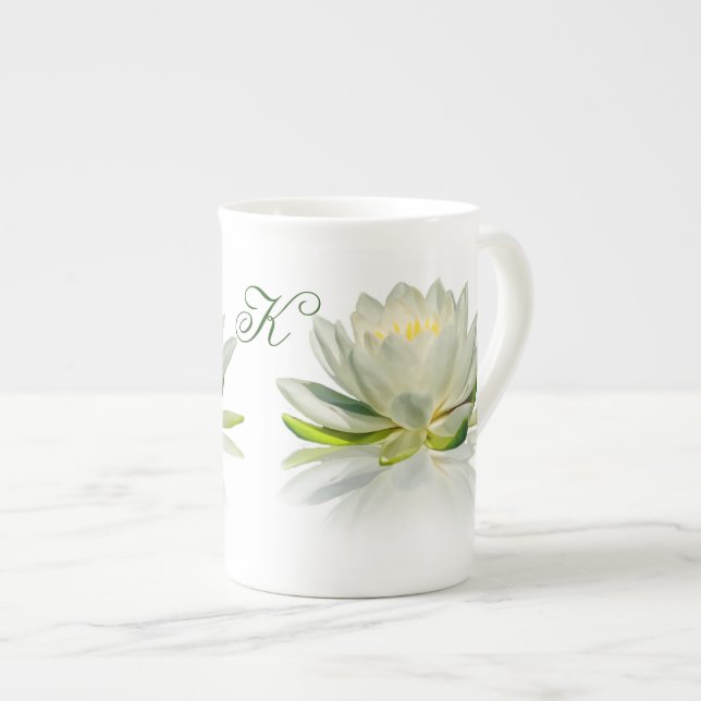 Water Lily with Customizable Monogram Bone China Mug (Front Right)