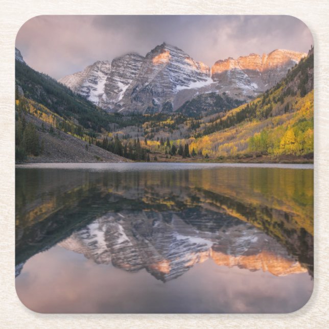 Water | Maroon Bells Colorado Square Paper Coaster (Front)