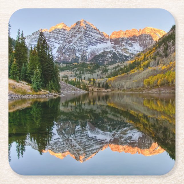 Water | Maroon Bells Lake Aspen Trees Square Paper Coaster (Front)