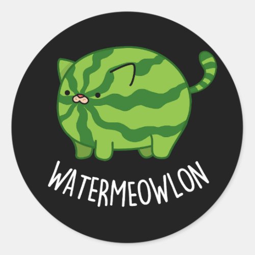 Water_meow_lon Funny Watermelon Cat Pun Dark BG Classic Round Sticker
