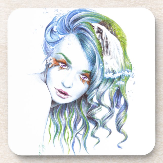 Water Mermaid woman girl Surreal Fantasy Portrait Drink Coaster (Front)