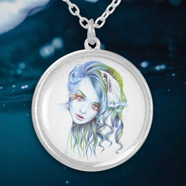 Water Mermaid woman girl Surreal Fantasy Portrait Silver Plated Necklace (Beautiful art gift for mermaid lovers)
