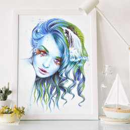 Water Mermaid woman Surreal fantasy portrait art Poster
