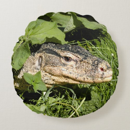 Water monitor lizard on grass round pillow