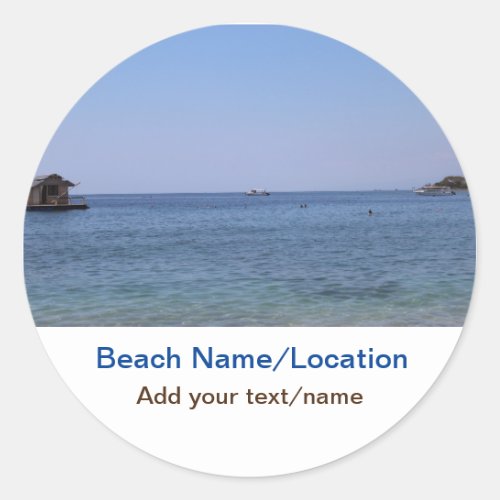 water ocean beach photo add name text place summer classic round sticker
