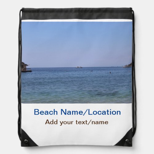 water ocean beach photo add name text place summer drawstring bag