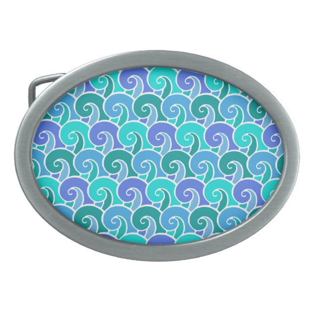Water Ocean Waves in Blue Nautical Beach Pattern Belt Buckle (Front)