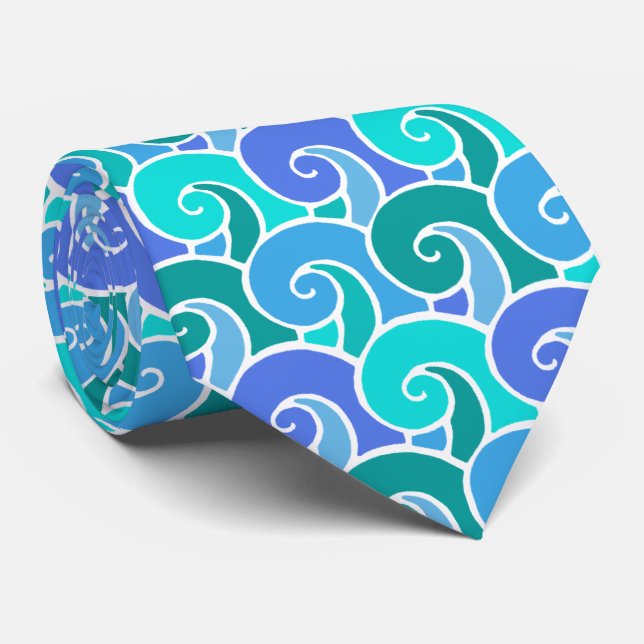 Water Ocean Waves in Blue Nautical Beach Pattern Neck Tie (Rolled)